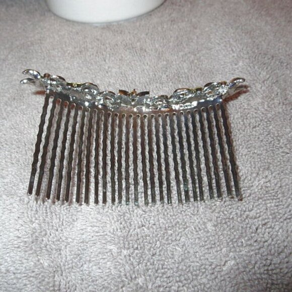 Vtg Hair Comb Purple Pink Rhinestones Floral Cluster Silvertone Updo Boho 4" - Picture 7 of 9